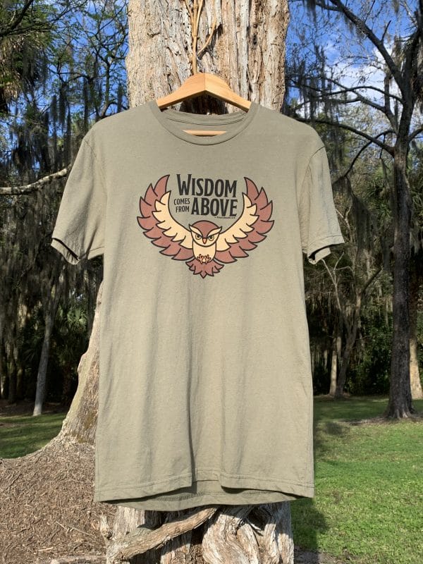 Full front of Livin' Light's "Wisdom Comes from Above" olive green, short-sleeved T-shirt with tree background. Owl with wings spread and piercing eyes says Wisdom Comes From Above which illustrates Bible verse Proverbs 2:6.