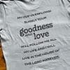 Back of Livin' Light's "The Good Life" shirt which illustrates Psalm 23:5-6. Short-sleeve shirt on medium gray background.