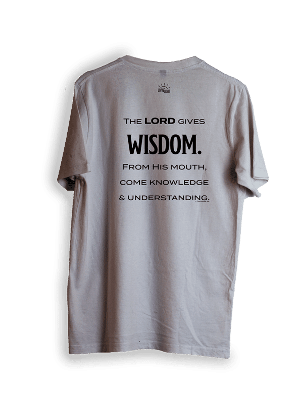 Back of Owl medium-gray short-sleeved T-shirt. Proverbs 2:6 says: The Lord gives wisdom. From His mouth, come knowledge and understanding. The word WISDOM is capitalized and bold.