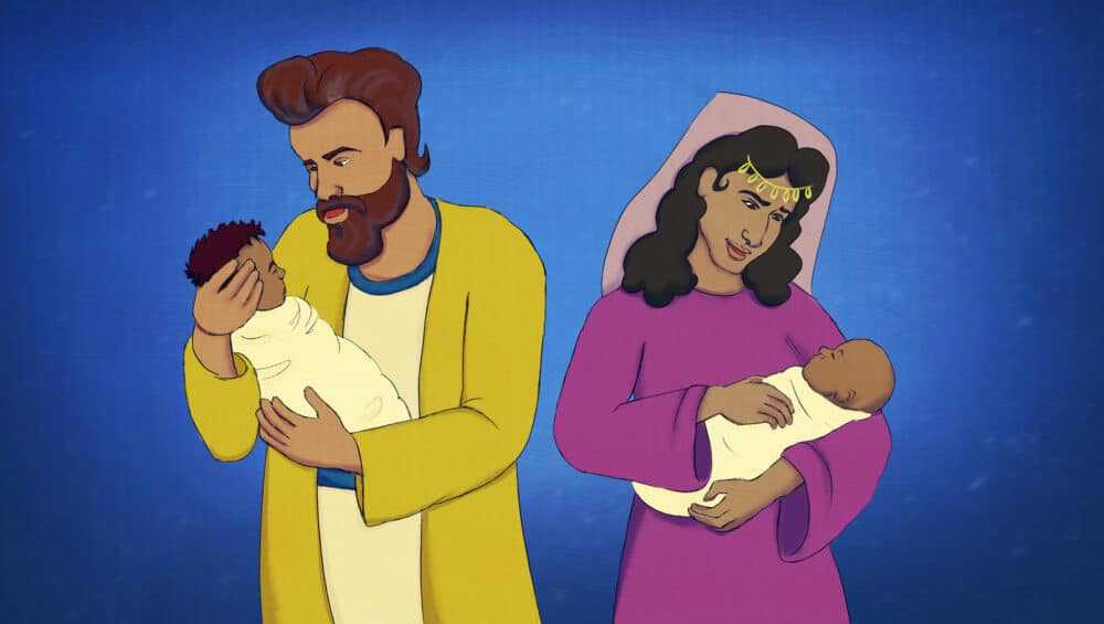 Isaac and Rebekah have twin boys — Jacob and Esau. credit: www.fishnetbiblestories.com