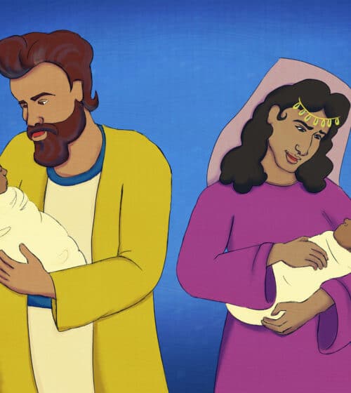 Isaac and Rebekah have twin boys — Jacob and Esau. credit: www.fishnetbiblestories.com