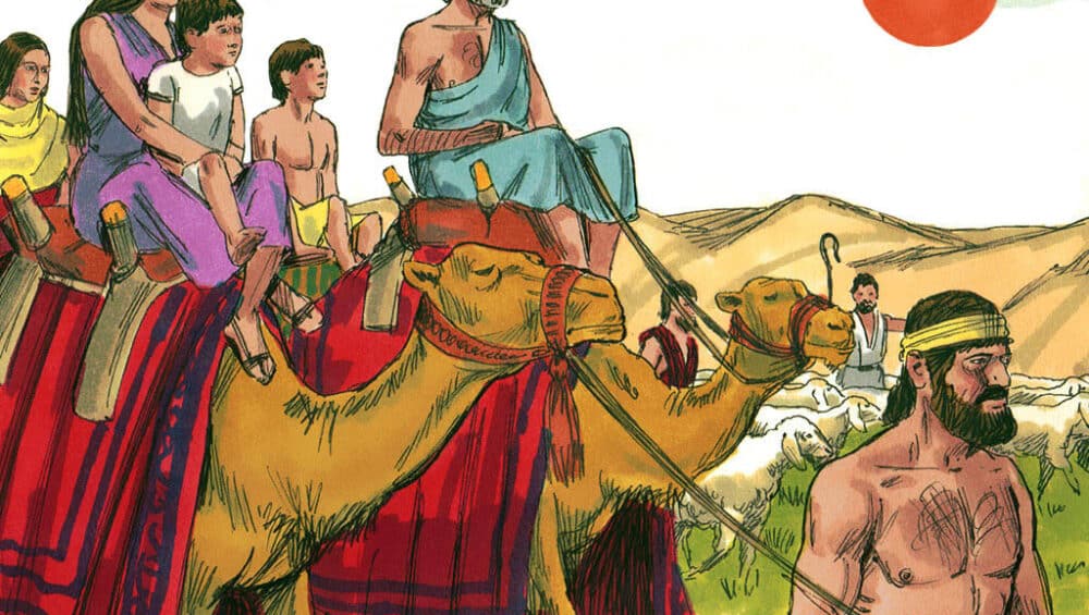 J Jacob leaves Laban, taking Rachel, Leah, their herds and belongings and returns to his home in Canaan. Courtesy: Sweet Publishing / FreeBibleimages.org