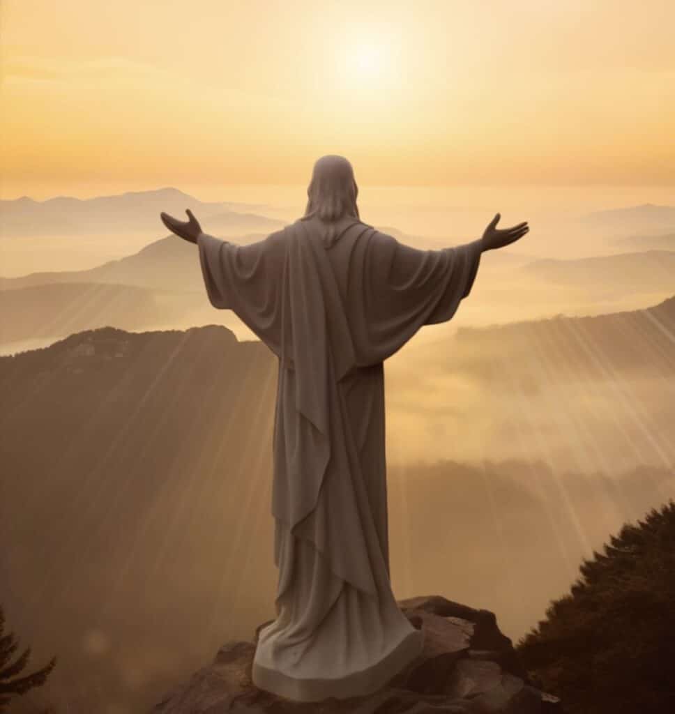 CROPPED: Jesus Christ statue on a mountaintop at sunrise with sunrays radiating.