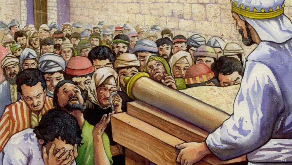 God's unfailing love Israelites in Jerusalem for Holy Days. Priest reads God's laws from Torah