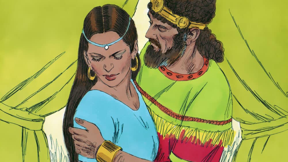 David and Bathsheba. David sent messengers to get Bathsheba. When she arrived he seduced her and slept with her. Bathsheba then returned home.