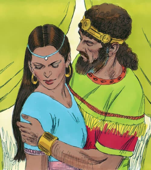 David and Bathsheba. David sent messengers to get Bathsheba. When she arrived he seduced her and slept with her. Bathsheba then returned home.