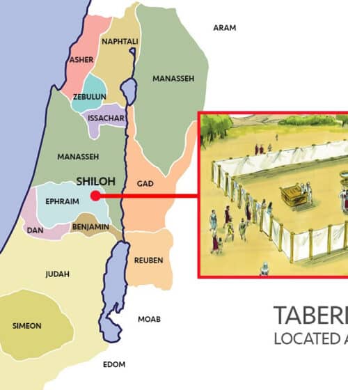 Allotting remaining land. Map of tribes of Israel with Tabernacle set in the city of Shiloh in Ephraim.