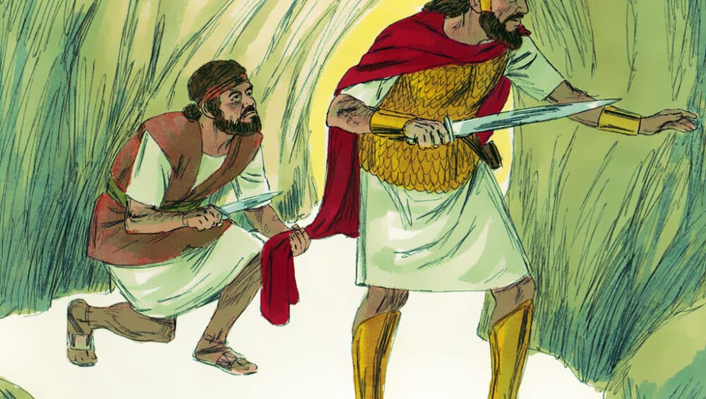 David v. Saul Instead of killing Saul, David cut off the edge of his robe without his noticing it. ‘The Lord forbid that I lay my hands on the King He has anointed,’ he told his men. And he stopped them attempting to kill Saul.