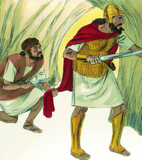 David v. Saul Instead of killing Saul, David cut off the edge of his robe without his noticing it. ‘The Lord forbid that I lay my hands on the King He has anointed,’ he told his men. And he stopped them attempting to kill Saul.